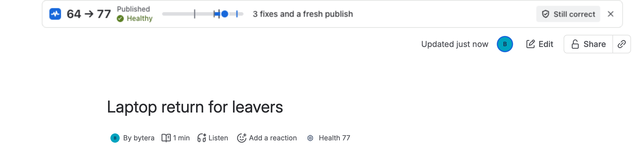 The publish receipt above the page Laptop return for leavers: 64 → 77, Published, Healthy, 3 fixes and a fresh publish, with a Still correct button