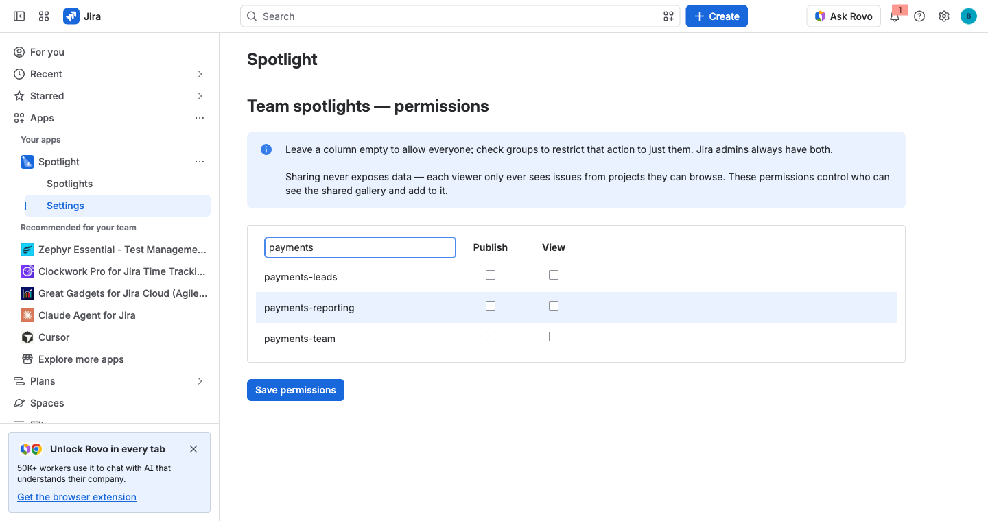 The Team spotlights permission matrix, filtered to the payments groups, with a Publish and a View checkbox for each