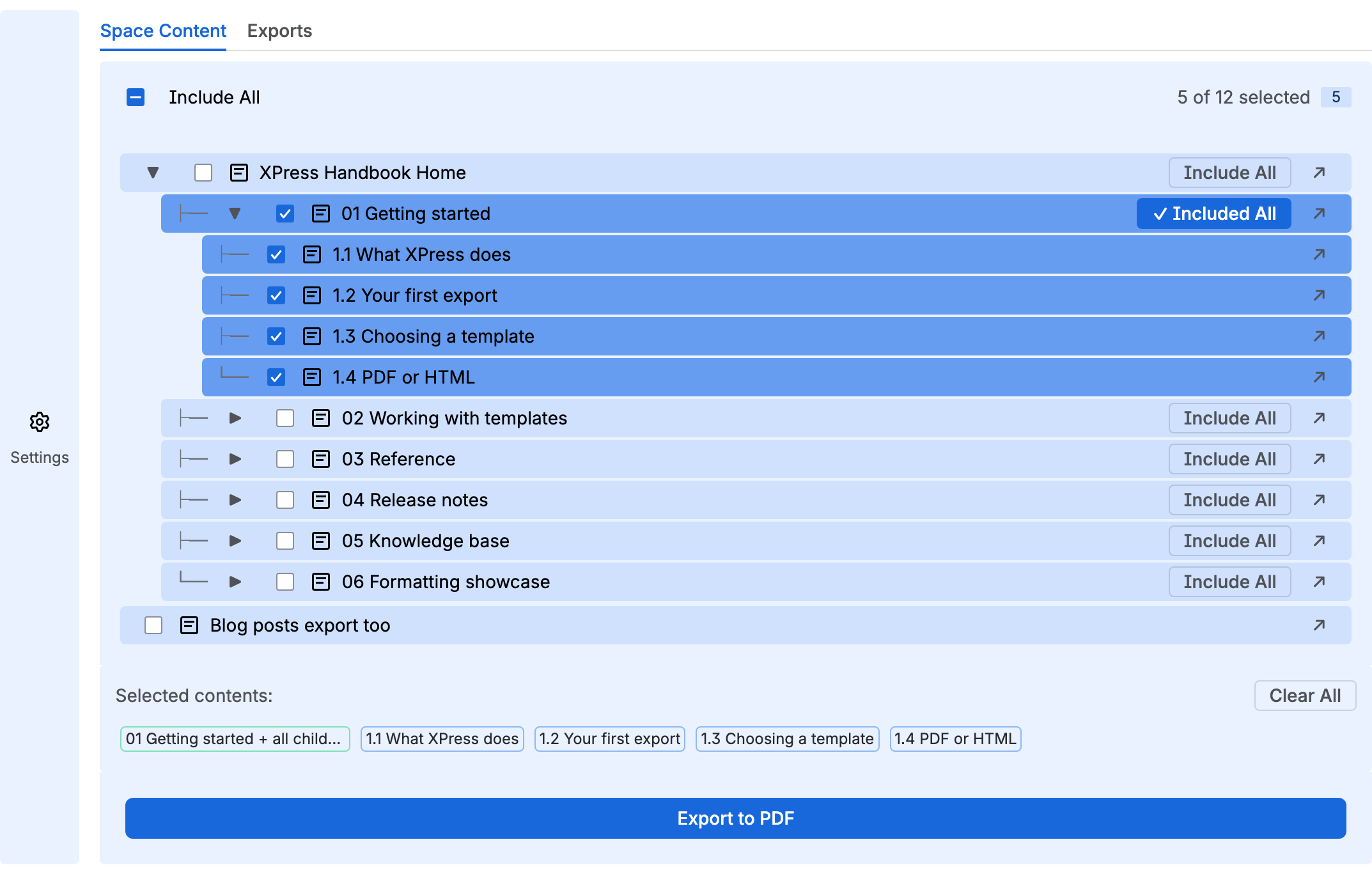 XPress open in a space: the Settings strip on the left, the page tree with 01 Getting started and its pages ticked, and the Export to PDF button