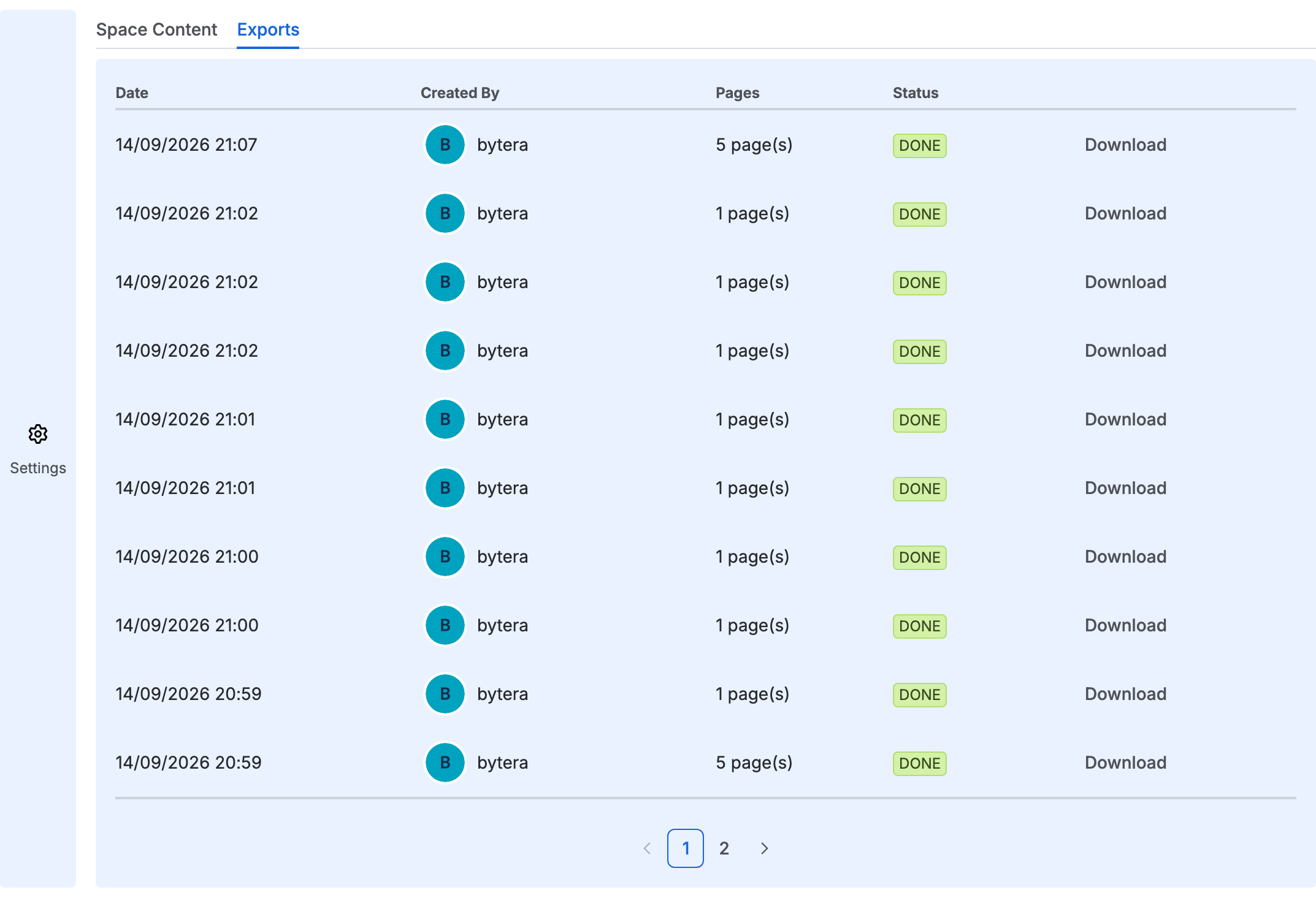 The Exports tab listing the space’s recent exports, with the date, who ran each one, how many pages it has, a DONE status and a Download button