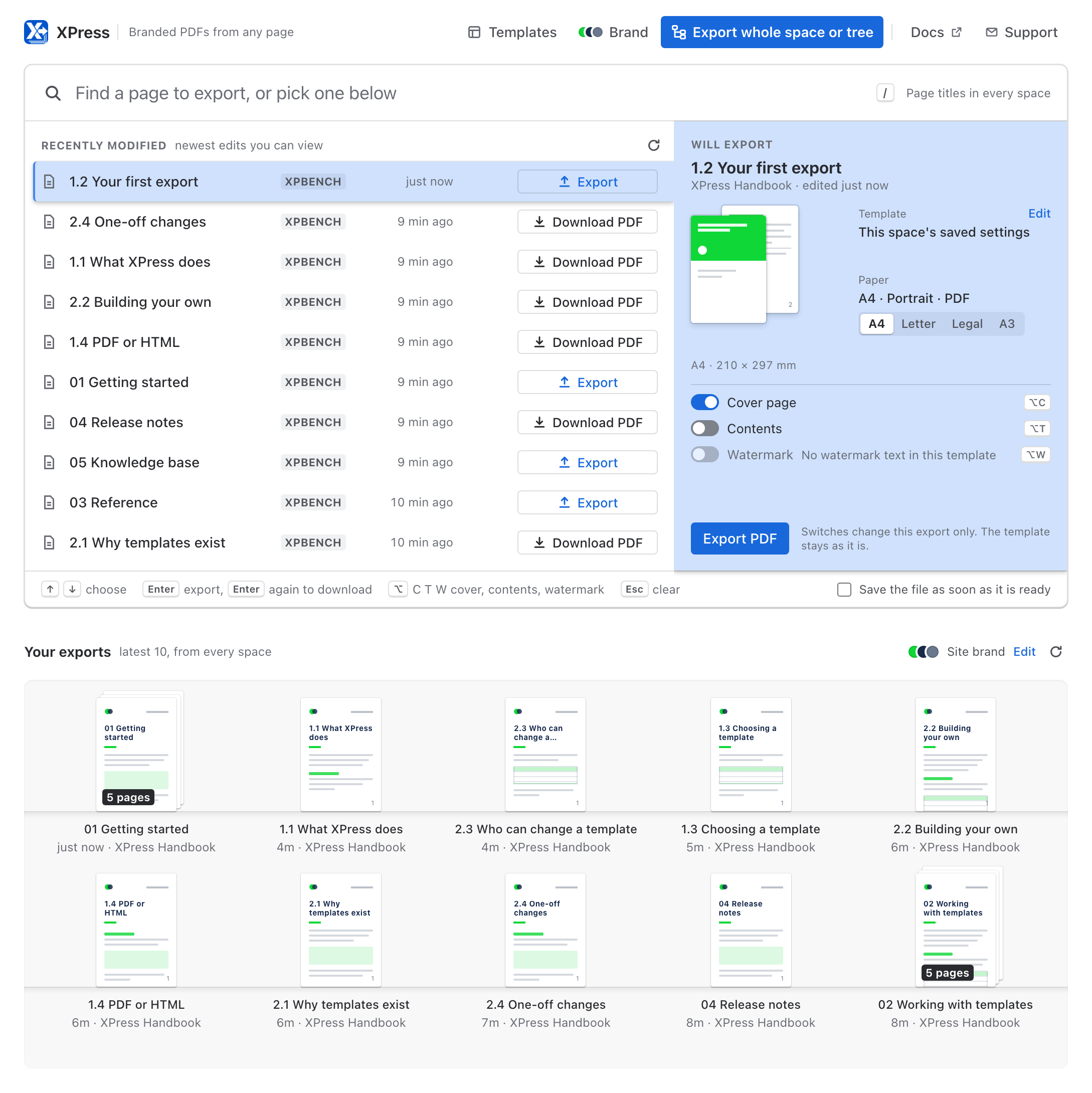 The XPress page under Apps: a search box above the ten most recently edited pages with 1.2 Your first export selected, the Will export panel showing its template, paper and switches, and a shelf of your latest exports below