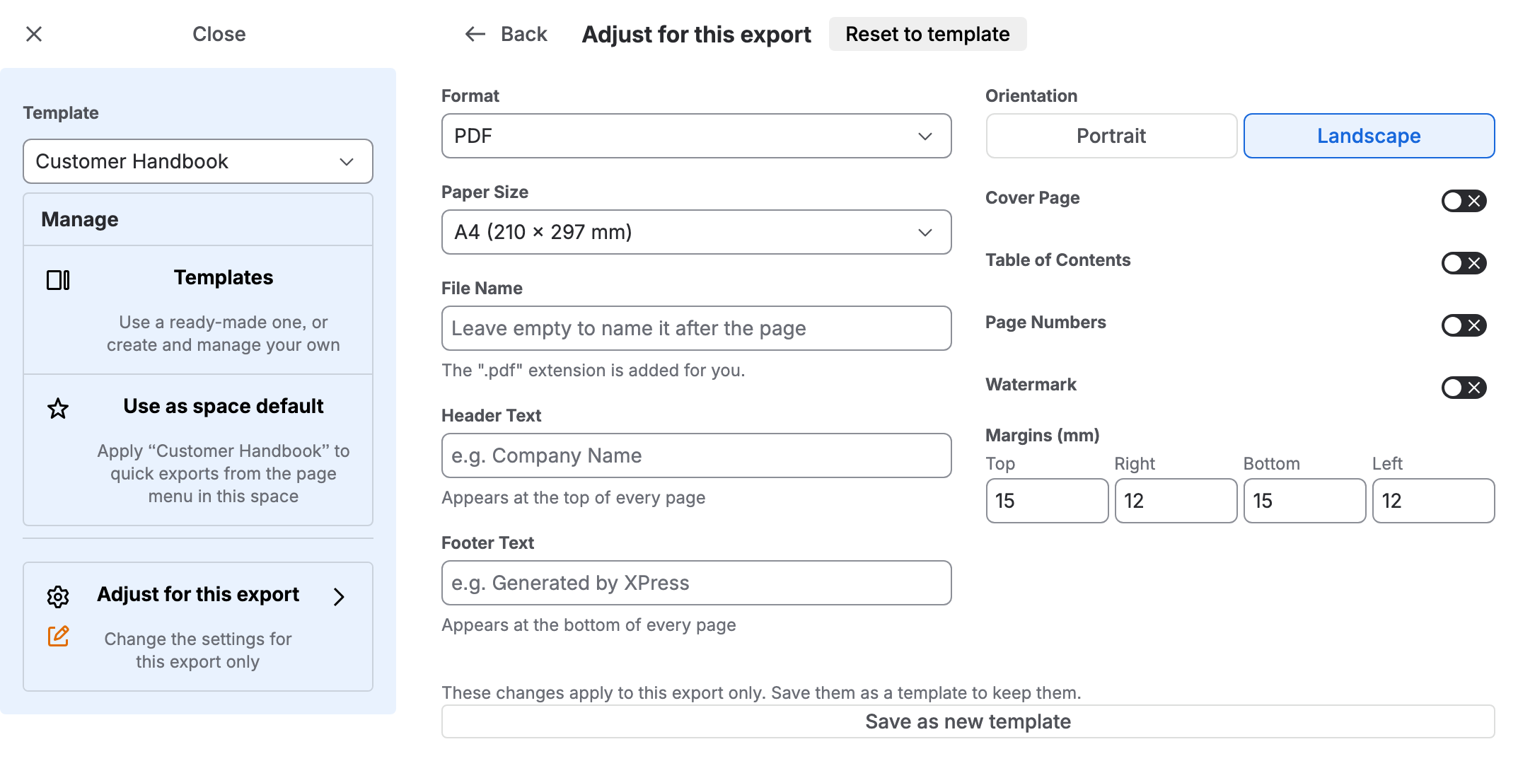 Adjust for this export with Landscape chosen: the Customer Handbook template on the left, marked as adjusted, and the format, paper size, file name, header, footer, orientation, cover, contents, page number, watermark and margin controls on the right, with Reset to template beside the heading