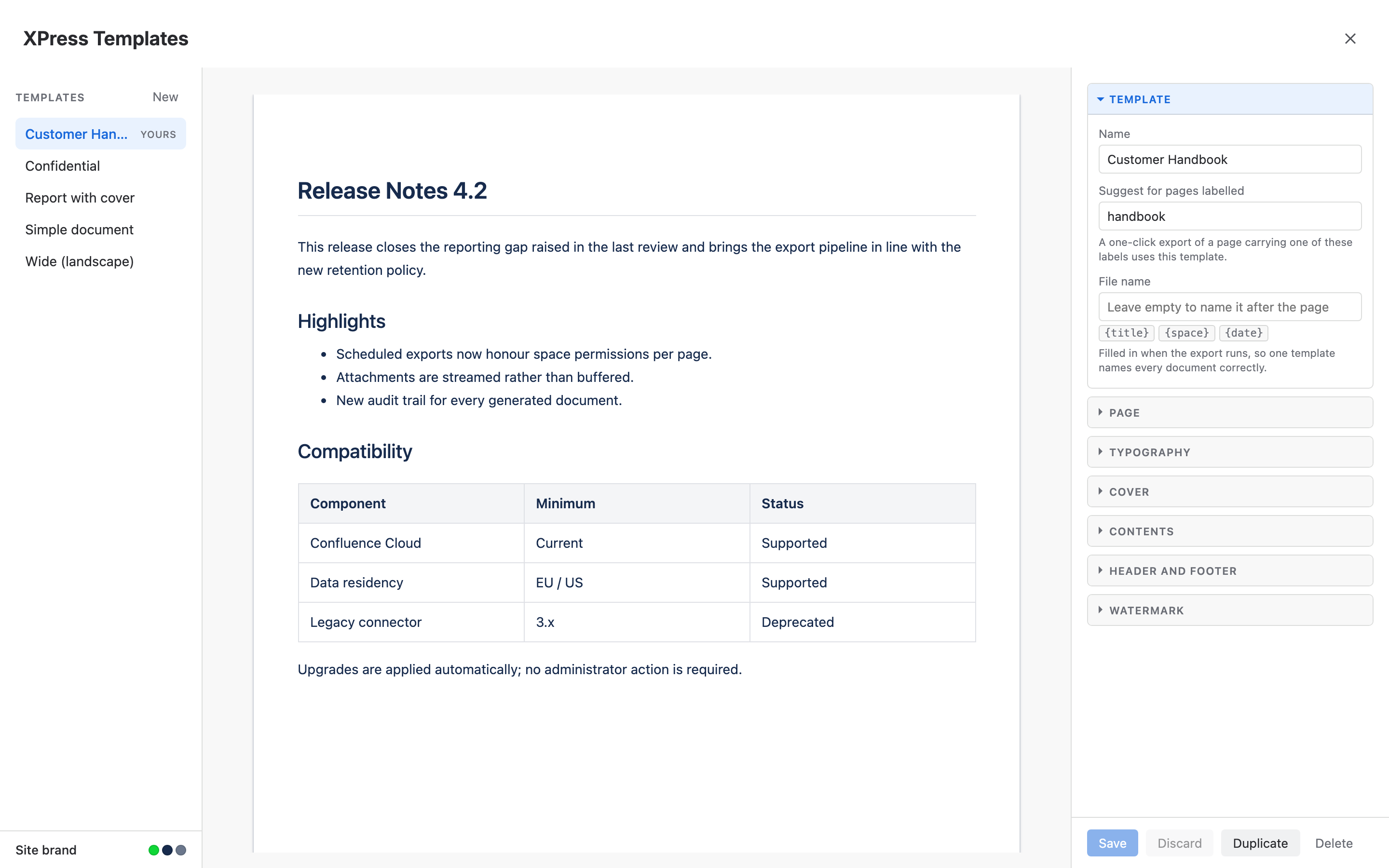 The XPress template designer: your templates on the left with Site brand pinned below them, a live preview in the centre, and the Customer Handbook template’s settings on the right, suggesting it for pages labelled handbook