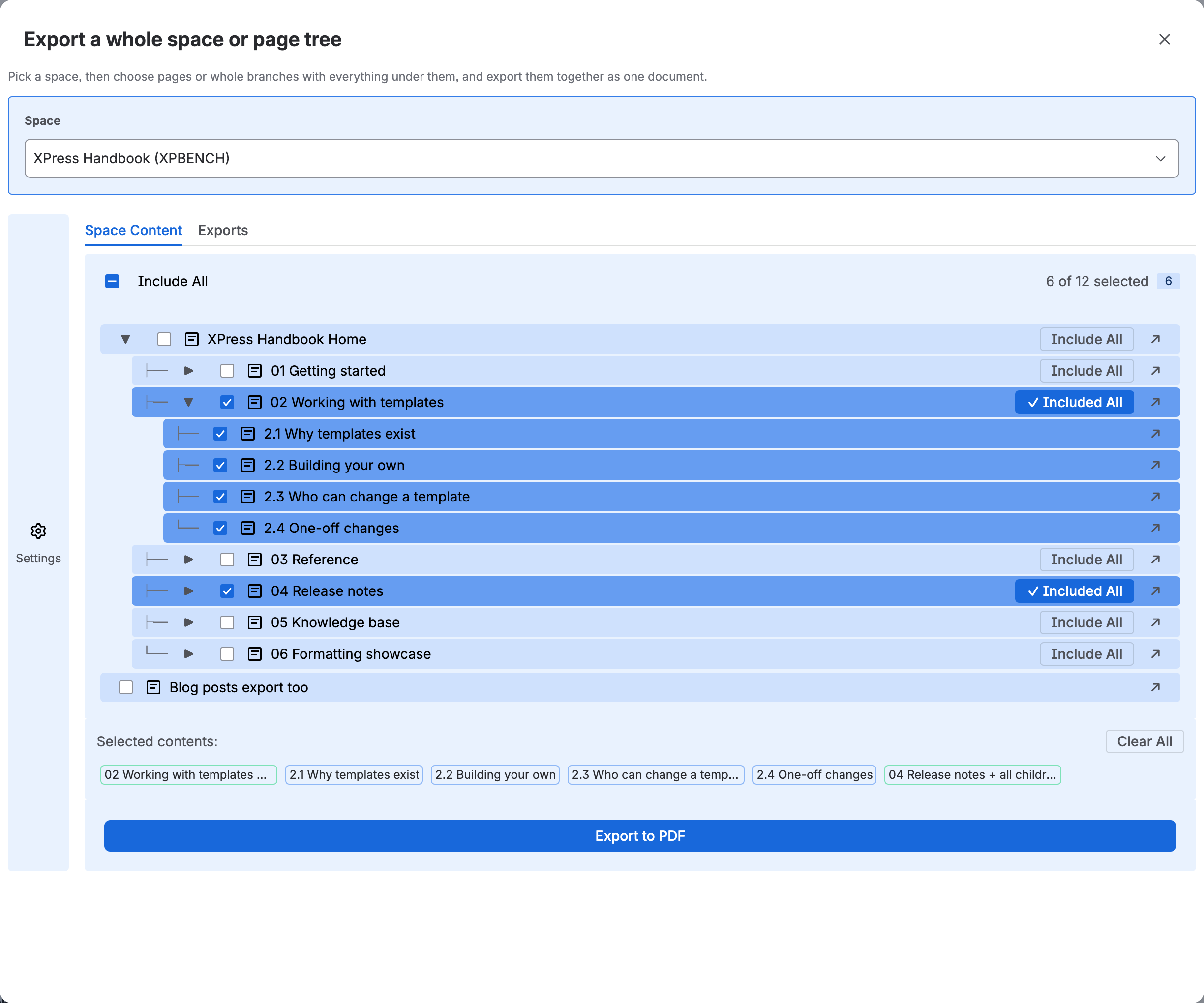 The whole-space export window: XPress Handbook chosen as the space, 02 Working with templates included with its four pages and 04 Release notes included with everything under it, listed as tags above the Export to PDF button